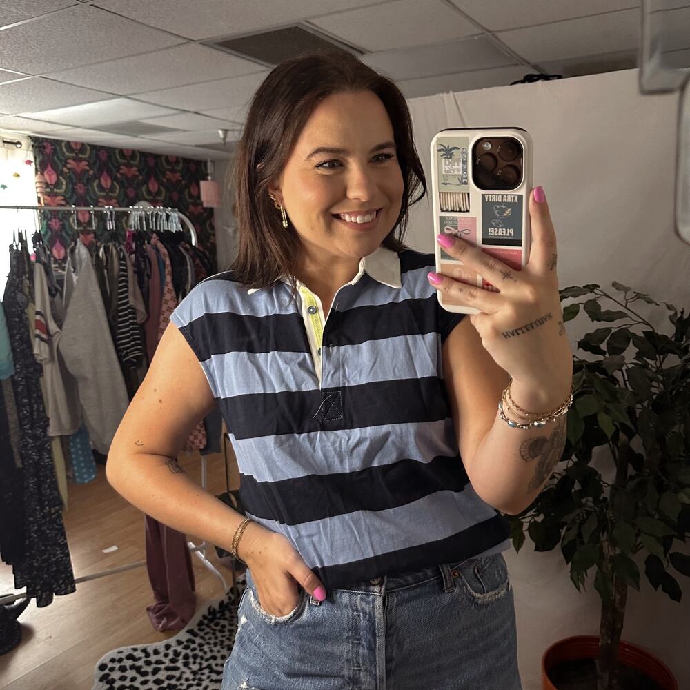 Anthropologie Maeve Porter Stripe Polo Top in Blue Motif